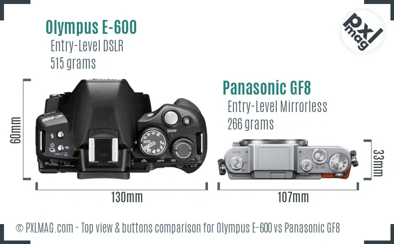 Olympus E-600 vs Panasonic GF8 top view buttons comparison