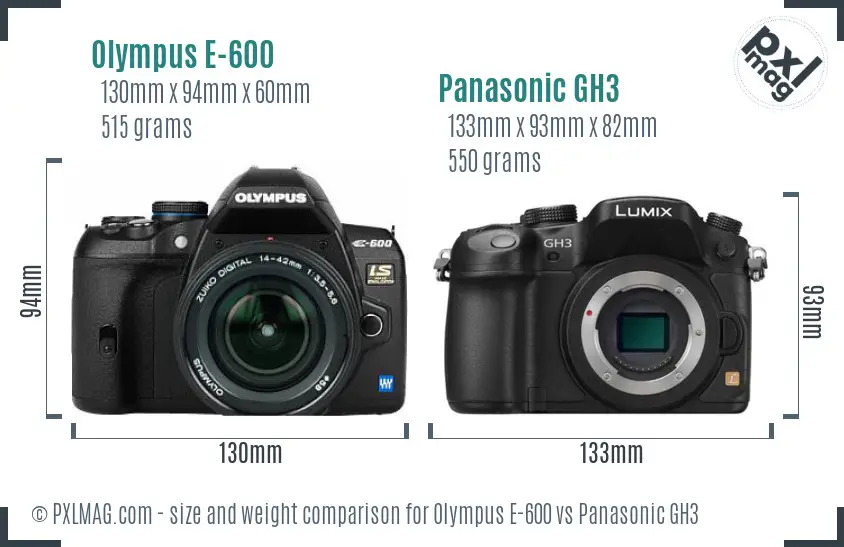 Olympus E-600 vs Panasonic GH3 size comparison