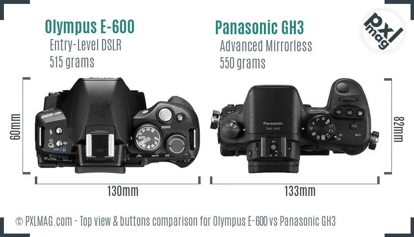 Olympus E-600 vs Panasonic GH3 top view buttons comparison