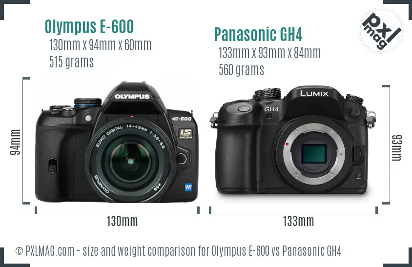 Olympus E-600 vs Panasonic GH4 size comparison