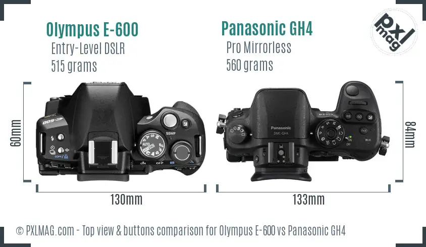 Olympus E-600 vs Panasonic GH4 top view buttons comparison