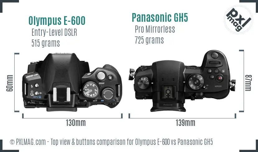 Olympus E-600 vs Panasonic GH5 top view buttons comparison