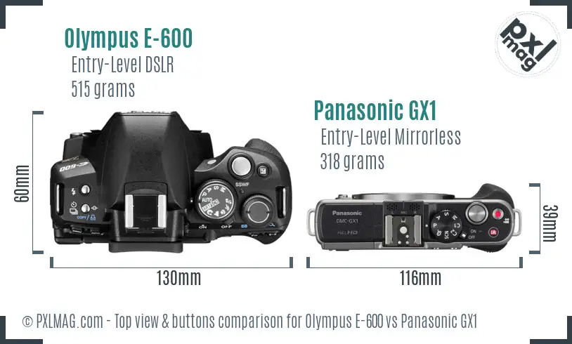 Olympus E-600 vs Panasonic GX1 top view buttons comparison