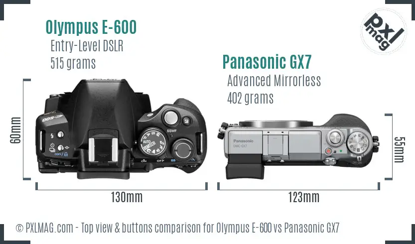 Olympus E-600 vs Panasonic GX7 top view buttons comparison