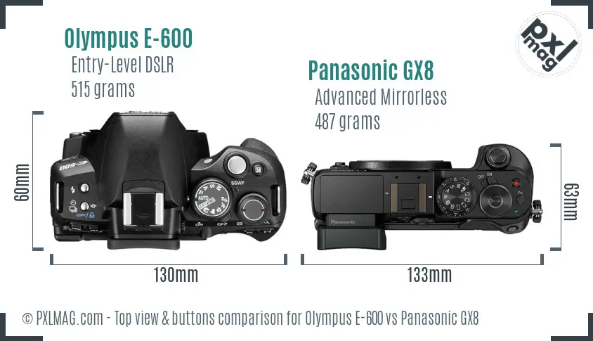 Olympus E-600 vs Panasonic GX8 top view buttons comparison