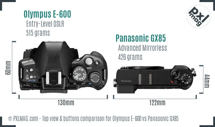 Olympus E-600 vs Panasonic GX85 top view buttons comparison