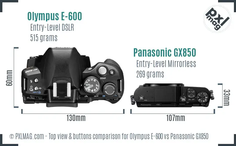 Olympus E-600 vs Panasonic GX850 top view buttons comparison