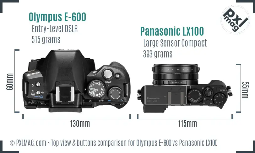 Olympus E-600 vs Panasonic LX100 top view buttons comparison