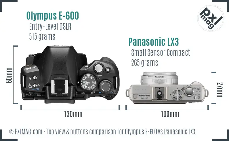 Olympus E-600 vs Panasonic LX3 top view buttons comparison