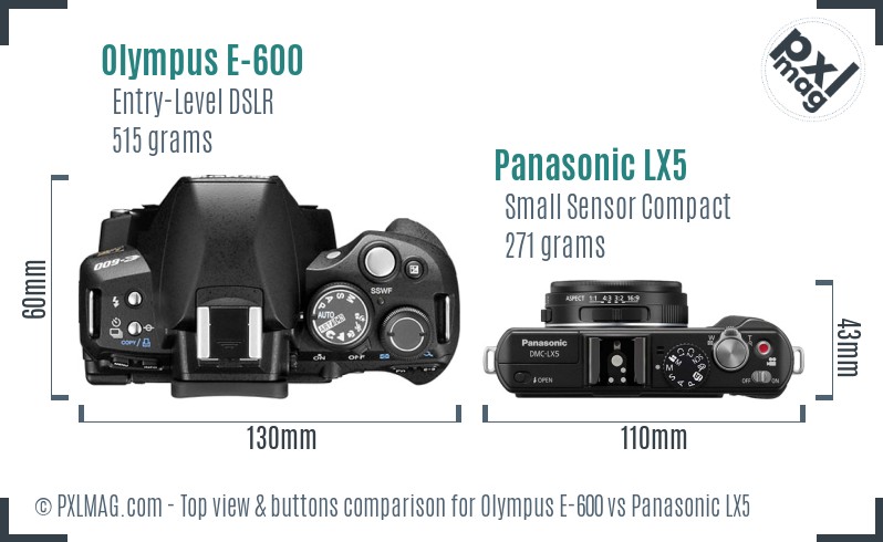 Olympus E-600 vs Panasonic LX5 top view buttons comparison