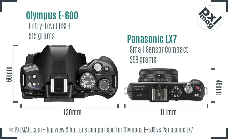 Olympus E-600 vs Panasonic LX7 top view buttons comparison