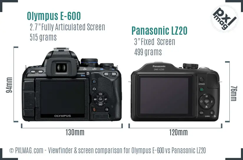 Olympus E-600 vs Panasonic LZ20 Screen and Viewfinder comparison