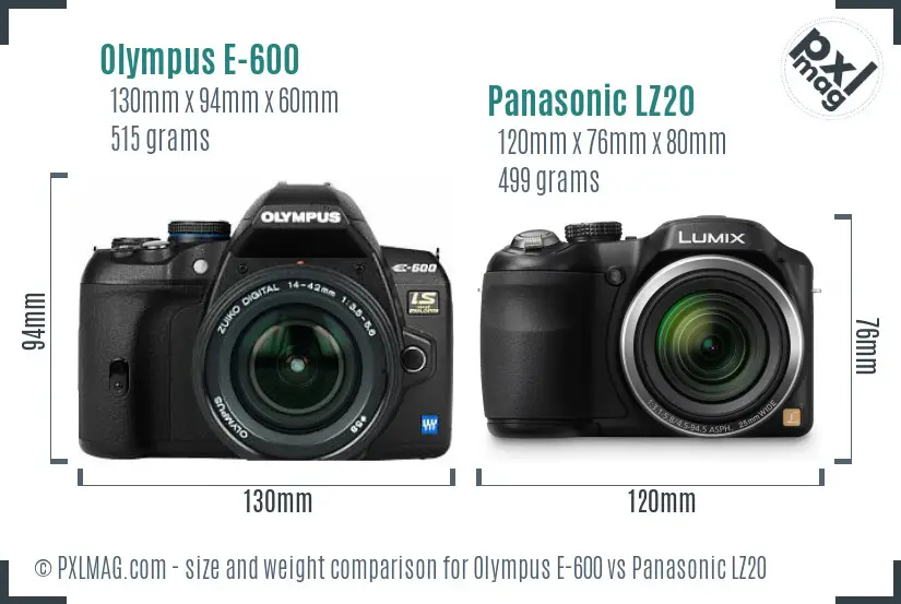 Olympus E-600 vs Panasonic LZ20 size comparison