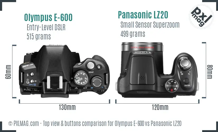 Olympus E-600 vs Panasonic LZ20 top view buttons comparison