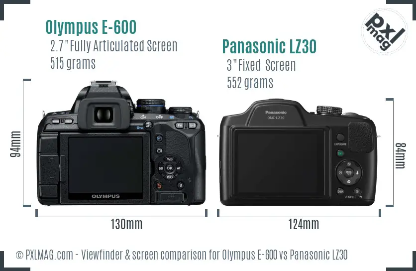 Olympus E-600 vs Panasonic LZ30 Screen and Viewfinder comparison