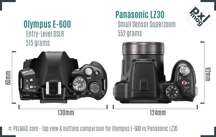 Olympus E-600 vs Panasonic LZ30 top view buttons comparison