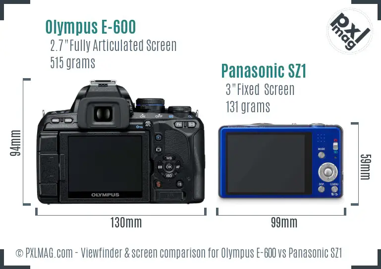 Olympus E-600 vs Panasonic SZ1 Screen and Viewfinder comparison