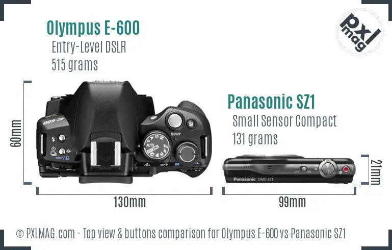 Olympus E-600 vs Panasonic SZ1 top view buttons comparison