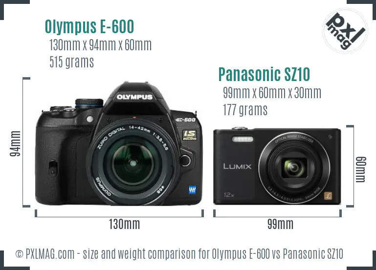 Olympus E-600 vs Panasonic SZ10 size comparison