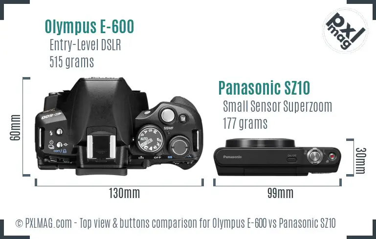 Olympus E-600 vs Panasonic SZ10 top view buttons comparison