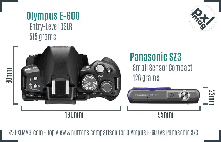 Olympus E-600 vs Panasonic SZ3 top view buttons comparison