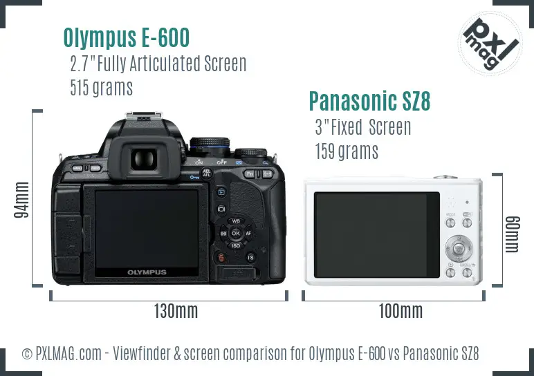 Olympus E-600 vs Panasonic SZ8 Screen and Viewfinder comparison