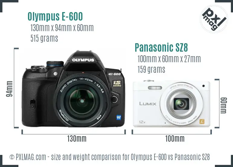 Olympus E-600 vs Panasonic SZ8 size comparison