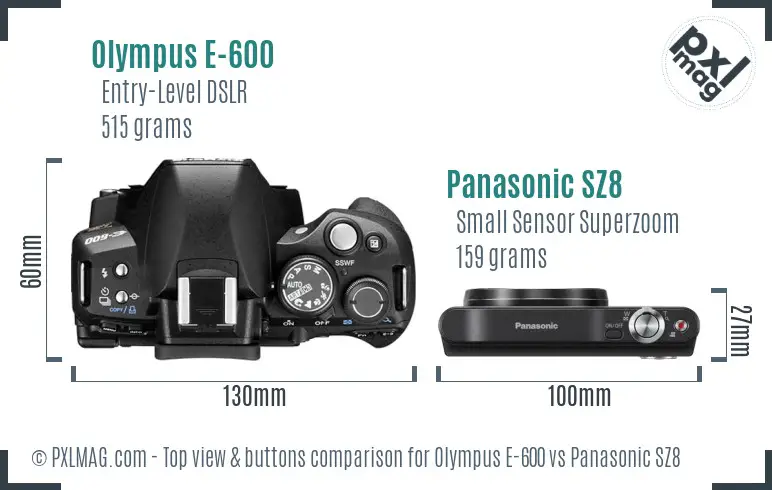 Olympus E-600 vs Panasonic SZ8 top view buttons comparison
