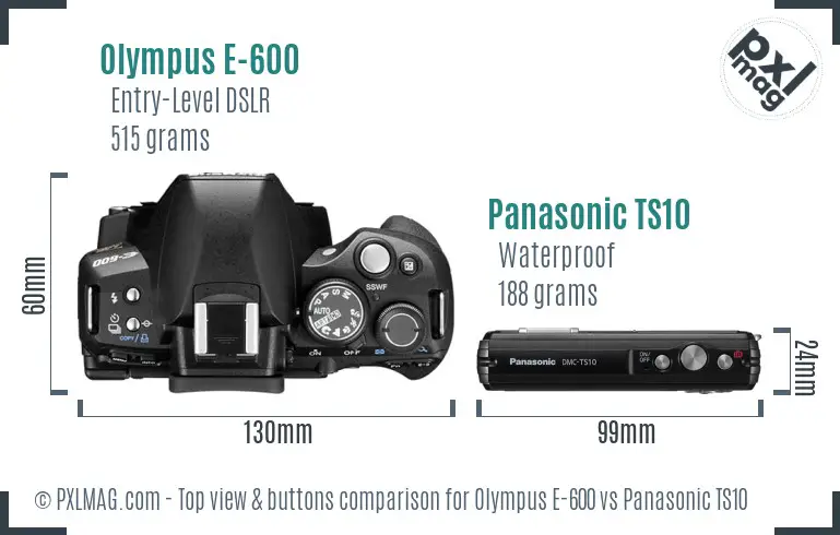Olympus E-600 vs Panasonic TS10 top view buttons comparison
