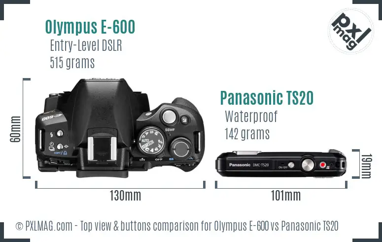 Olympus E-600 vs Panasonic TS20 top view buttons comparison