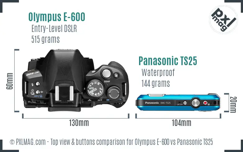 Olympus E-600 vs Panasonic TS25 top view buttons comparison Olympus E-600 vs Panasonic TS25 top view buttons comparison
