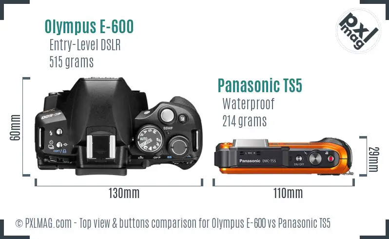 Olympus E-600 vs Panasonic TS5 top view buttons comparison