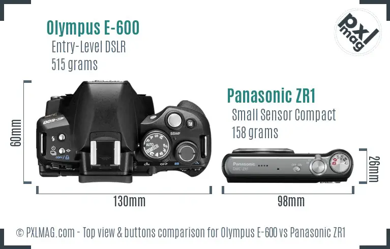 Olympus E-600 vs Panasonic ZR1 top view buttons comparison