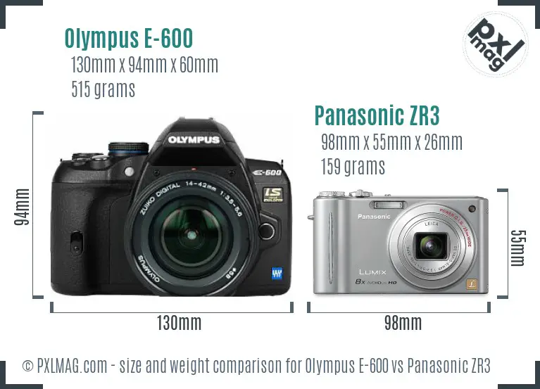 Olympus E-600 vs Panasonic ZR3 size comparison