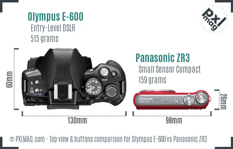 Olympus E-600 vs Panasonic ZR3 top view buttons comparison