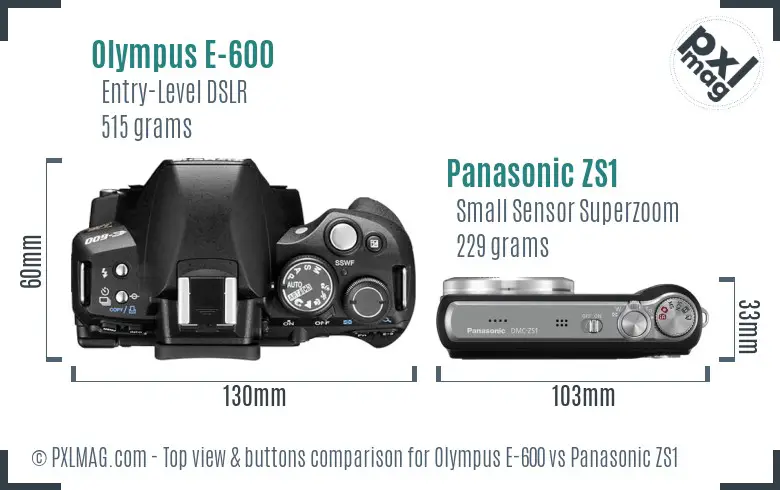 Olympus E-600 vs Panasonic ZS1 top view buttons comparison