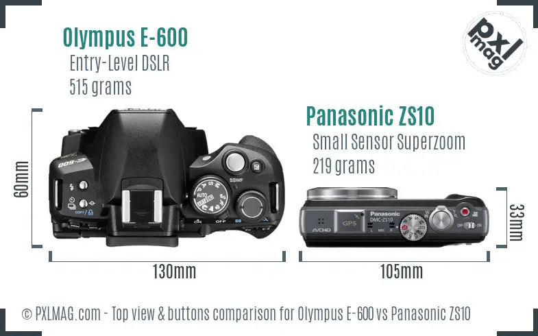 Olympus E-600 vs Panasonic ZS10 top view buttons comparison