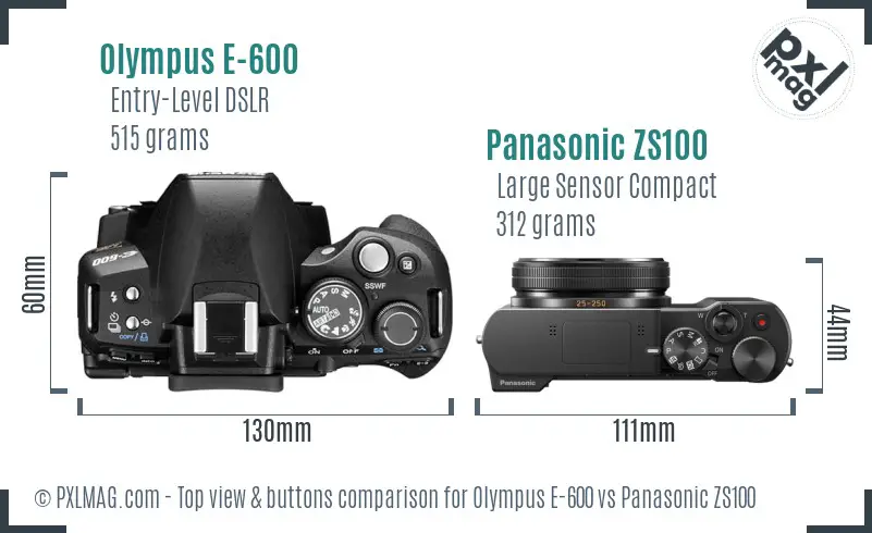 Olympus E-600 vs Panasonic ZS100 top view buttons comparison