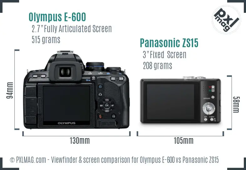 Olympus E-600 vs Panasonic ZS15 Screen and Viewfinder comparison