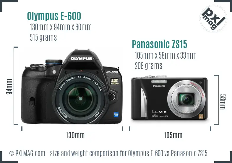 Olympus E-600 vs Panasonic ZS15 size comparison