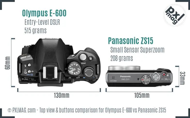 Olympus E-600 vs Panasonic ZS15 top view buttons comparison