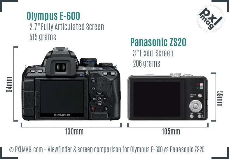 Olympus E-600 vs Panasonic ZS20 Screen and Viewfinder comparison