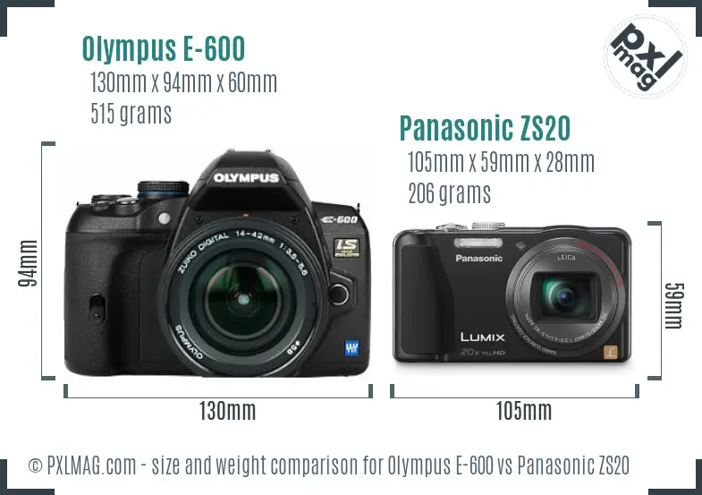 Olympus E-600 vs Panasonic ZS20 size comparison