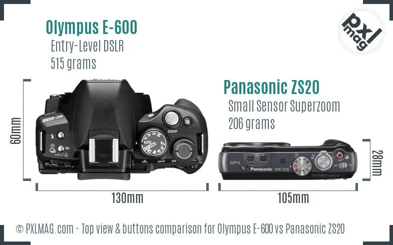 Olympus E-600 vs Panasonic ZS20 top view buttons comparison