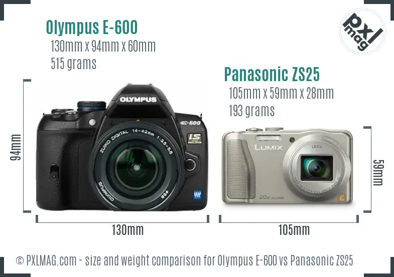 Olympus E-600 vs Panasonic ZS25 size comparison