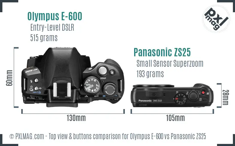 Olympus E-600 vs Panasonic ZS25 top view buttons comparison