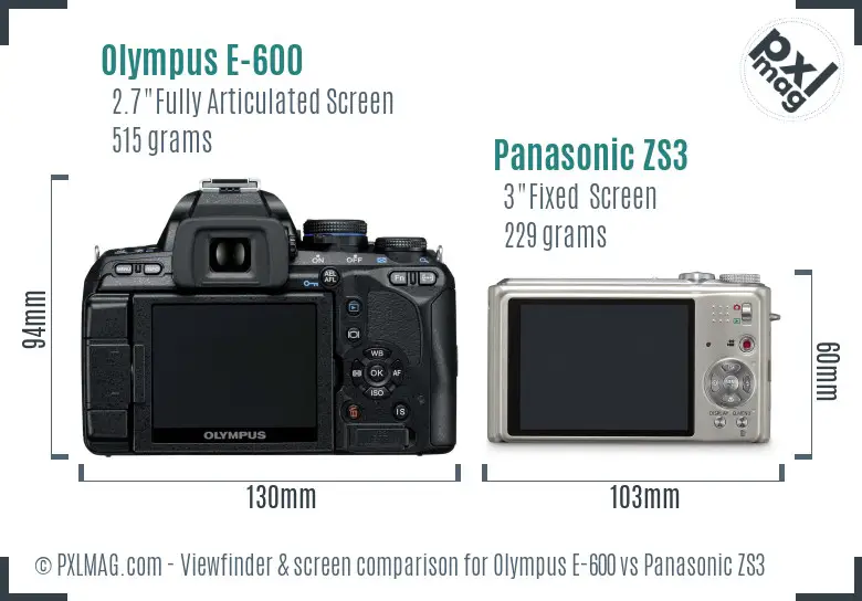 Olympus E-600 vs Panasonic ZS3 Screen and Viewfinder comparison