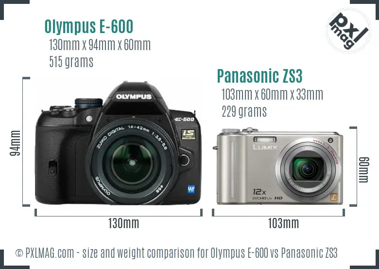 Olympus E-600 vs Panasonic ZS3 size comparison