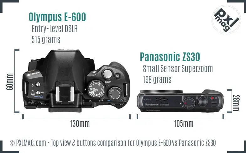 Olympus E-600 vs Panasonic ZS30 top view buttons comparison