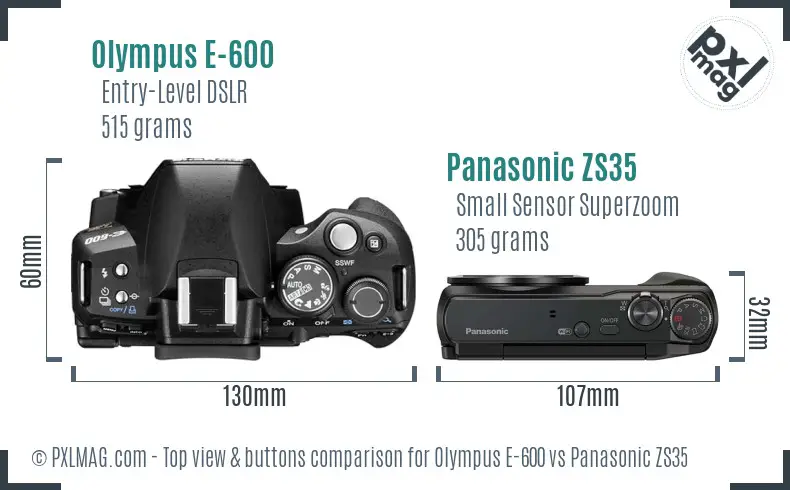 Olympus E-600 vs Panasonic ZS35 top view buttons comparison